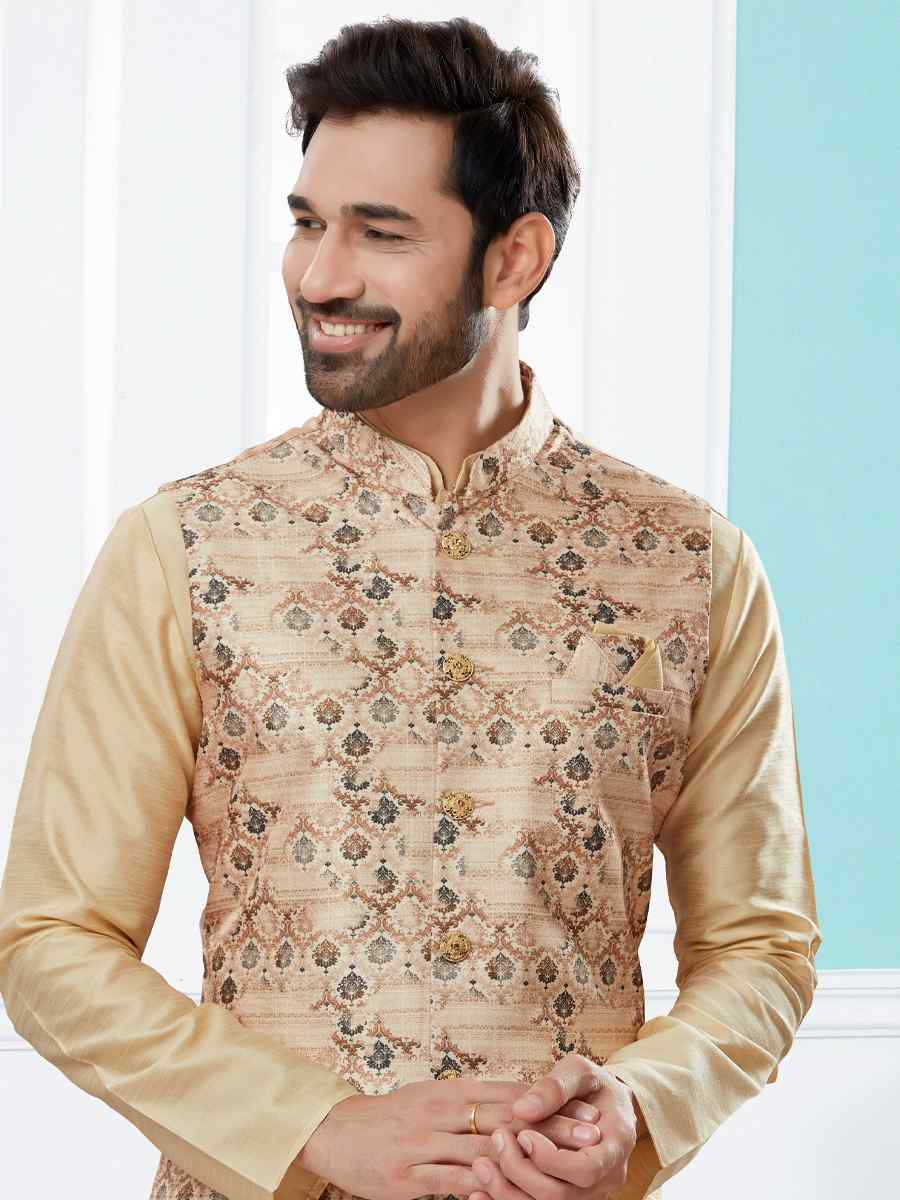 Gold Silk Dupion Printed Festival Party Kurta