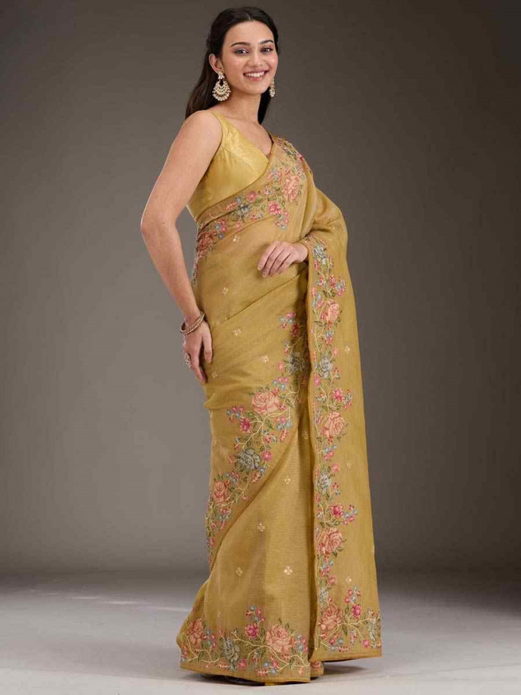 Gold Silk Embroidered Festival Wedding Fancy Heavy Border Saree