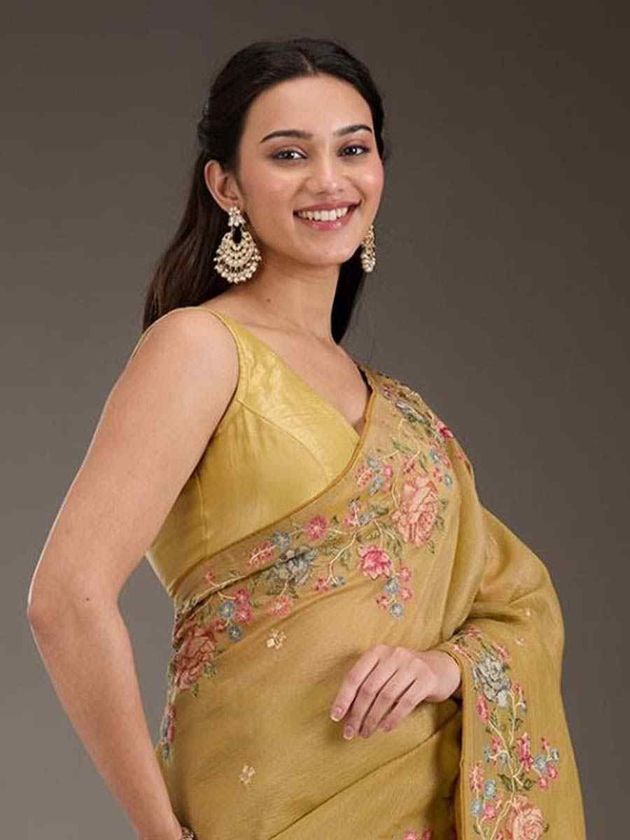 Gold Silk Embroidered Festival Wedding Fancy Heavy Border Saree
