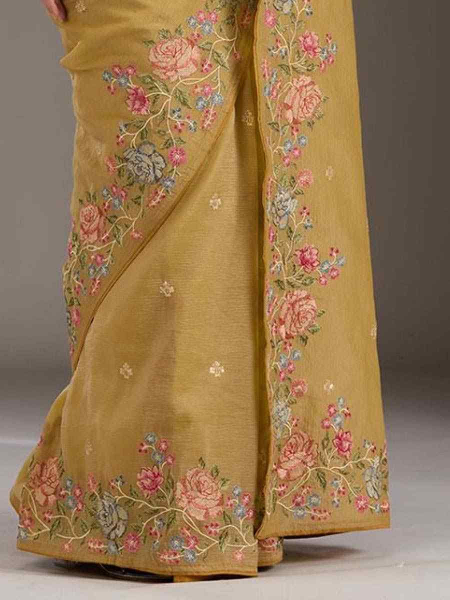 Gold Silk Embroidered Festival Wedding Fancy Heavy Border Saree