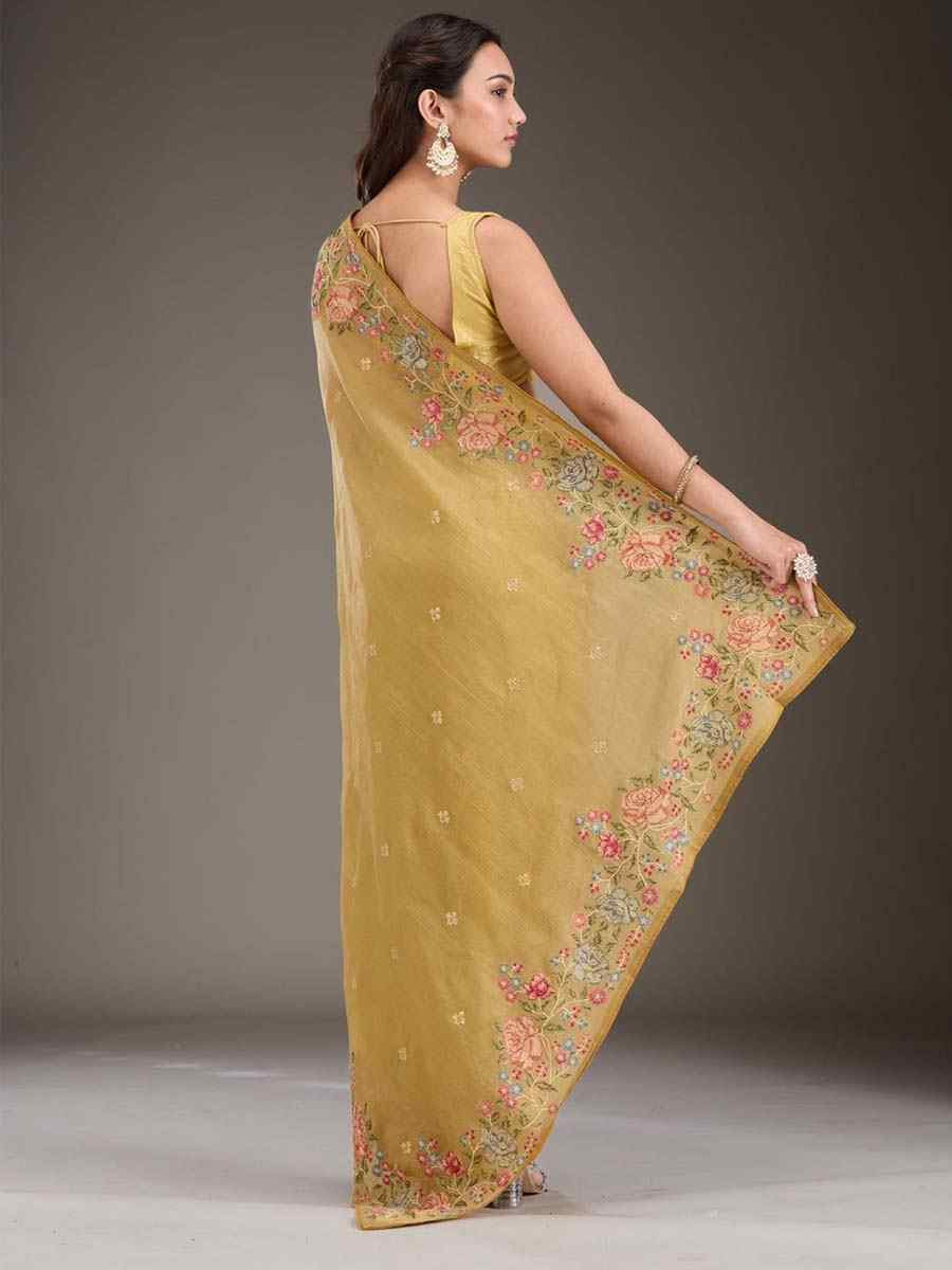 Gold Silk Embroidered Festival Wedding Fancy Heavy Border Saree