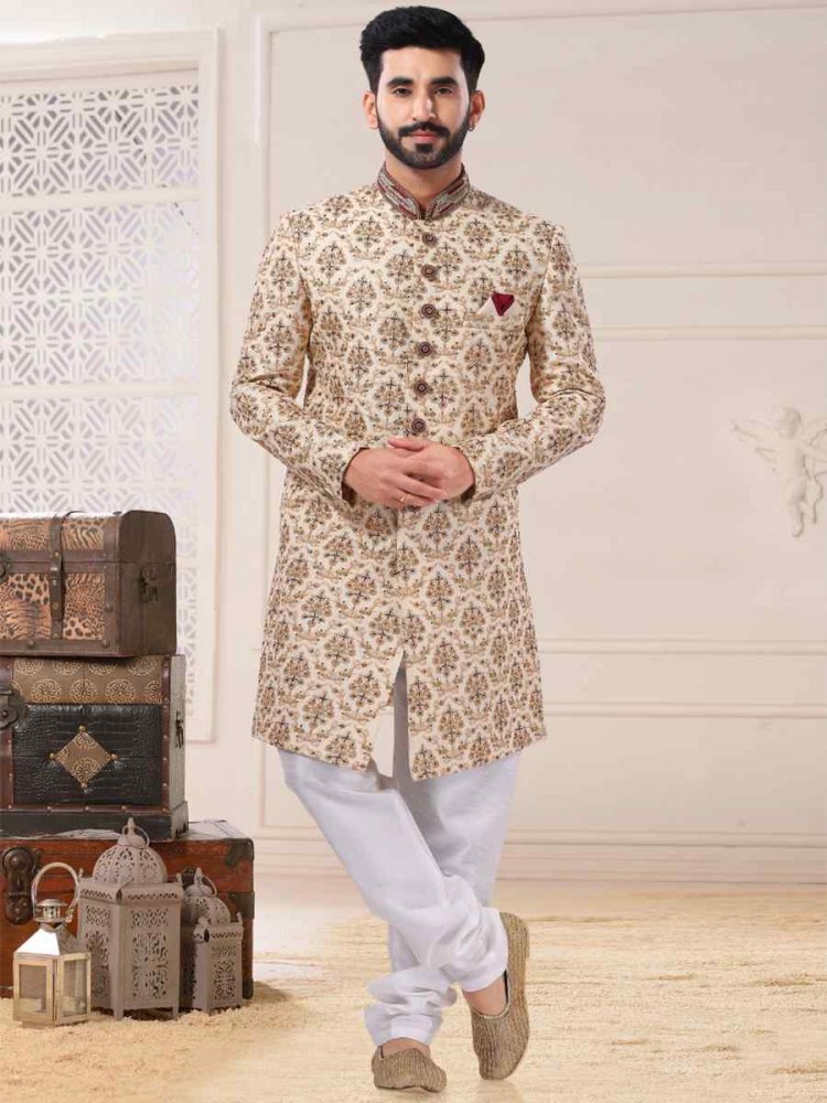 Gold Silk Embroidered Festival Wedding Sherwani