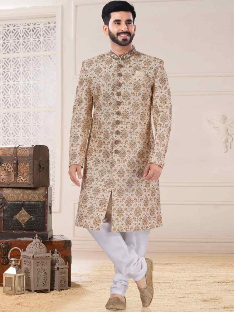 Gold Silk Embroidered Festival Wedding Sherwani