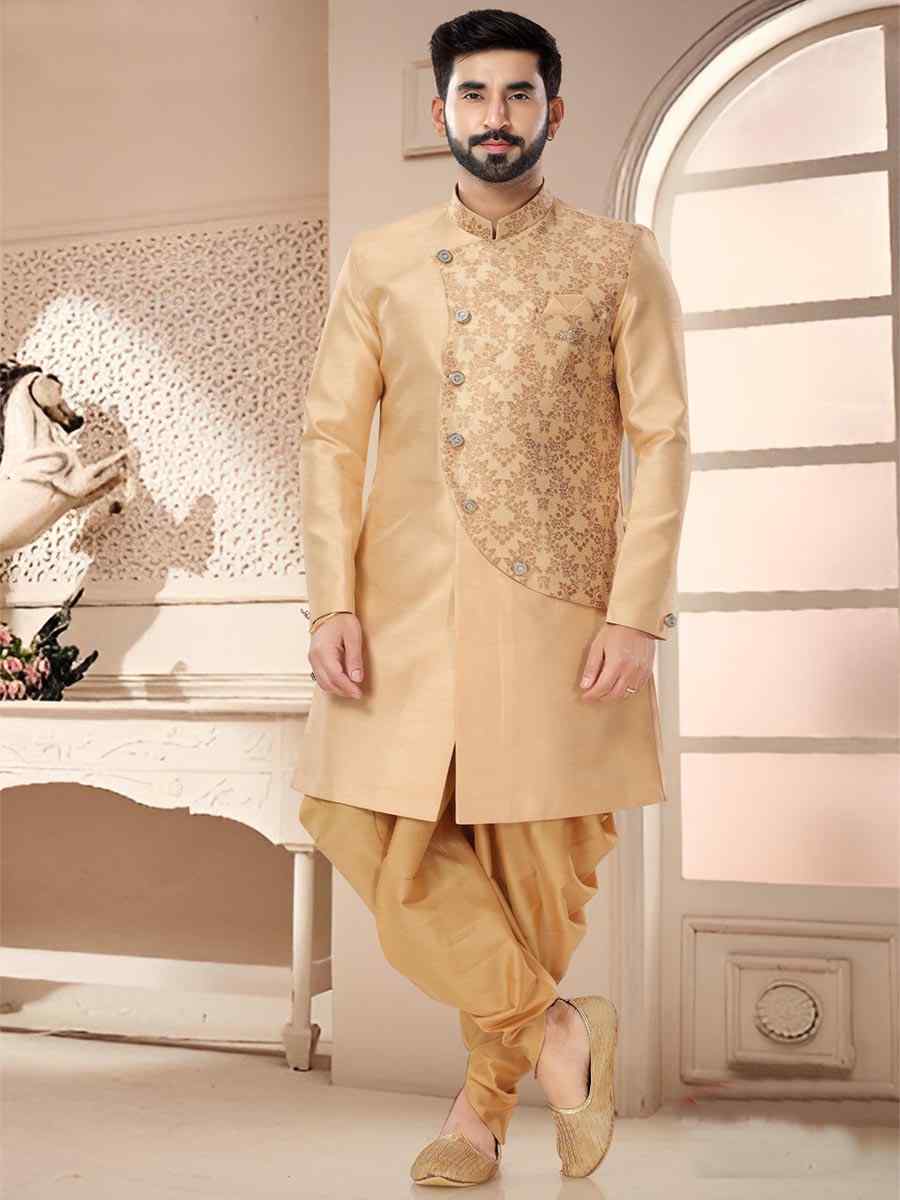 Gold Silk Woven Festival Wedding Kurta