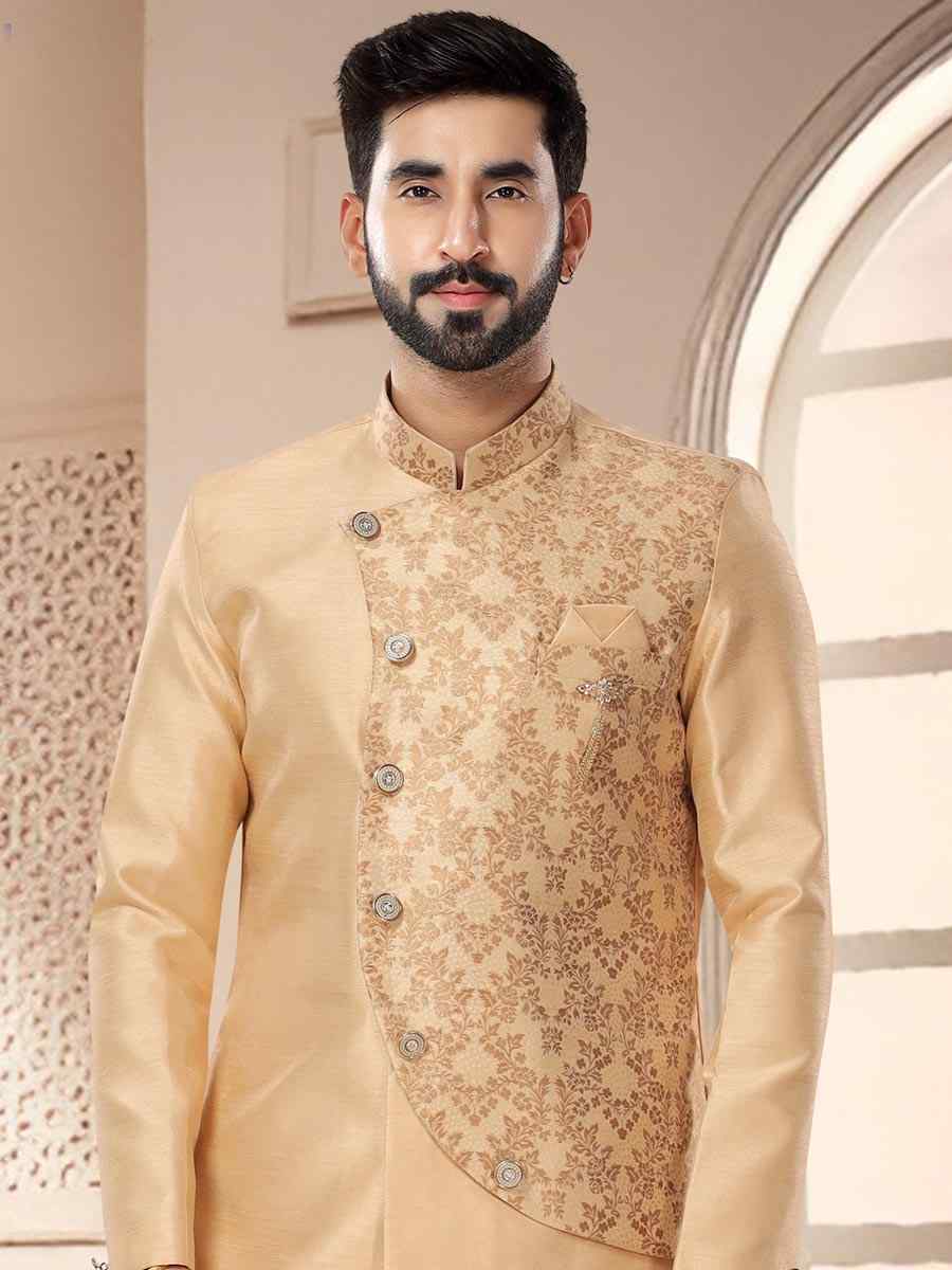 Gold Silk Woven Festival Wedding Kurta