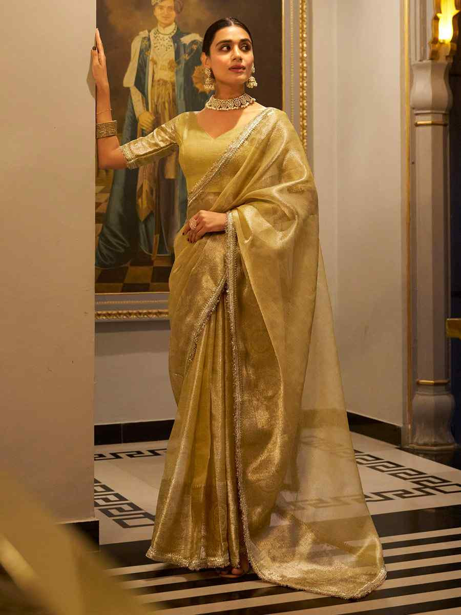 Gold Tissue Shimmer Handwoven Festival Wedding Fancy Heavy Border Saree