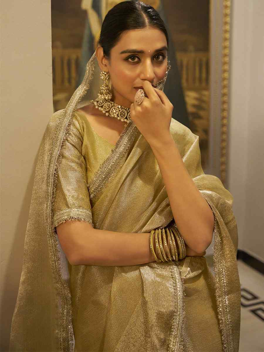 Gold Tissue Shimmer Handwoven Festival Wedding Fancy Heavy Border Saree