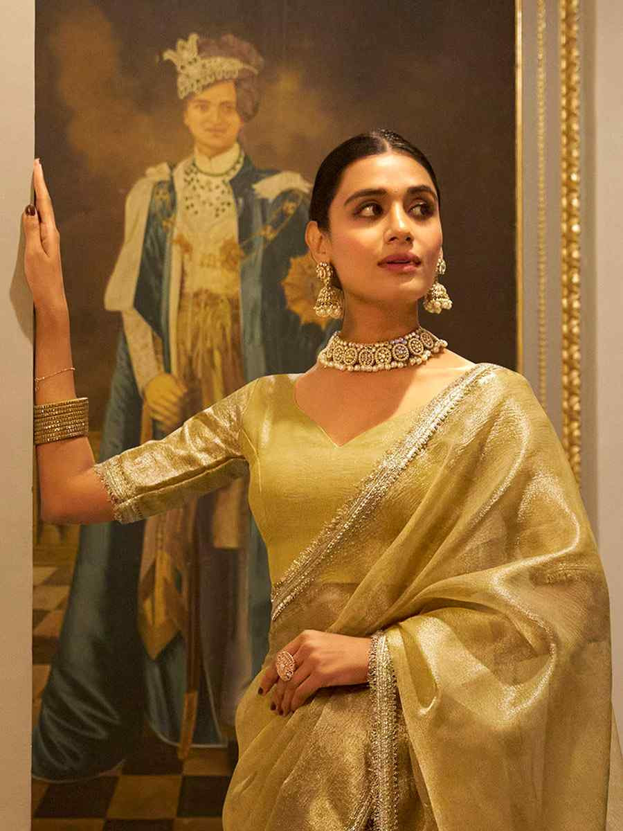 Gold Tissue Shimmer Handwoven Festival Wedding Fancy Heavy Border Saree