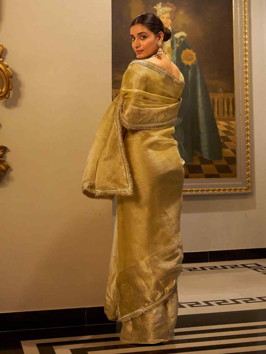 Gold Tissue Shimmer Handwoven Festival Wedding Fancy Heavy Border Saree