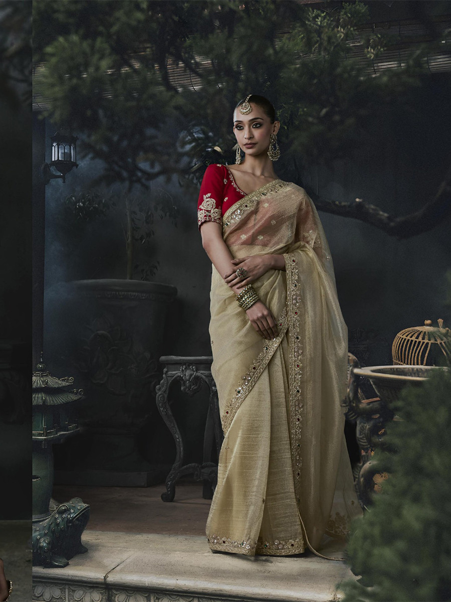 Gold Tissue Silk Embroidery Stone Work Sequins Wedding Reception Party Festival Casual Heavy Border Sarees