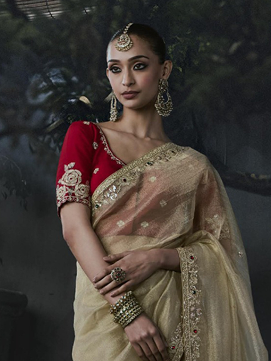 Gold Tissue Silk Embroidery Stone Work Sequins Wedding Reception Party Festival Casual Heavy Border Sarees