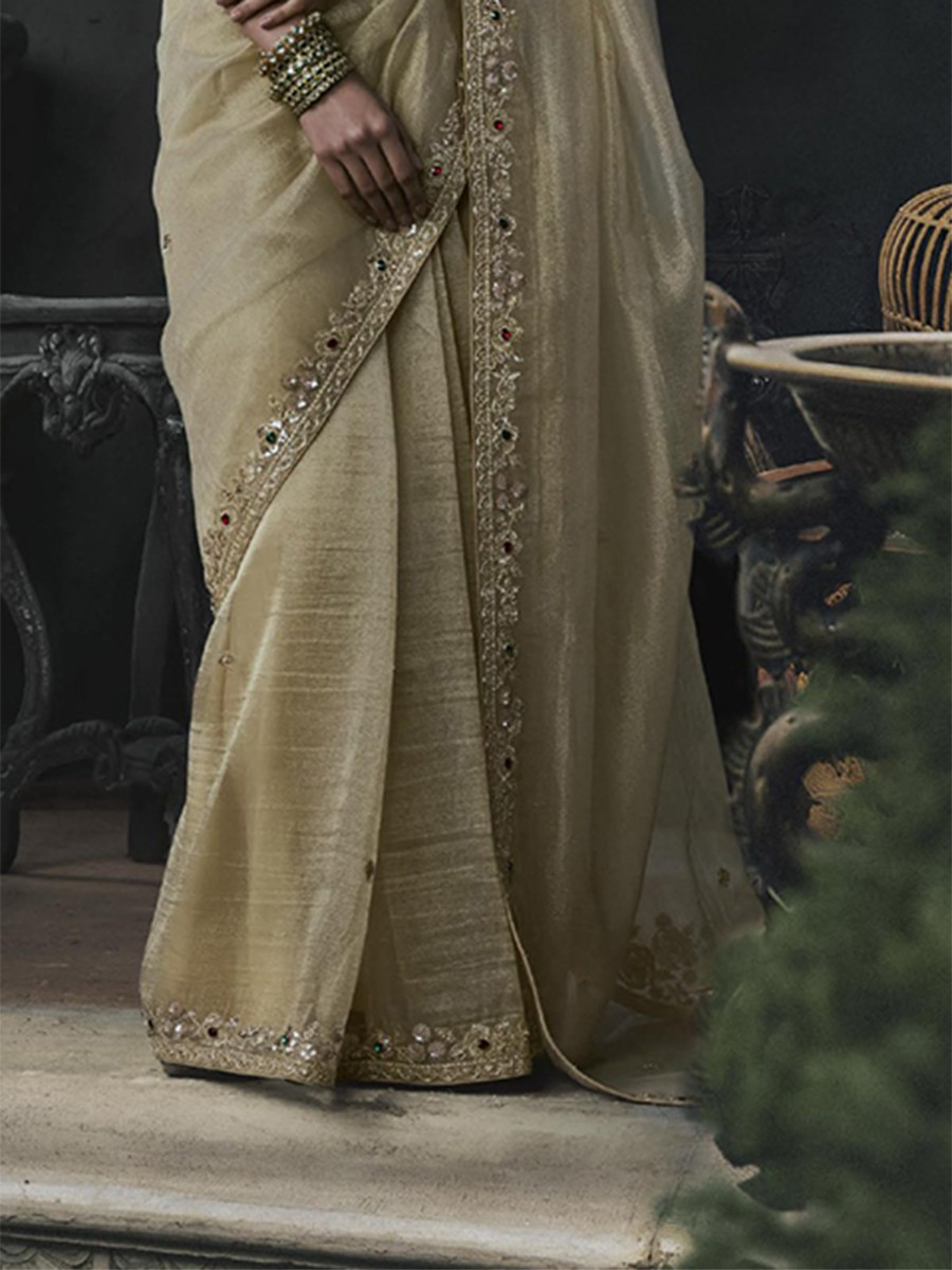 Gold Tissue Silk Embroidery Stone Work Sequins Wedding Reception Party Festival Casual Heavy Border Sarees