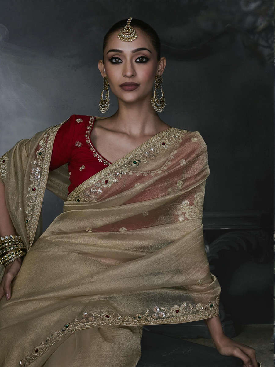 Gold Tissue Silk Embroidery Stone Work Sequins Wedding Reception Party Festival Casual Heavy Border Sarees