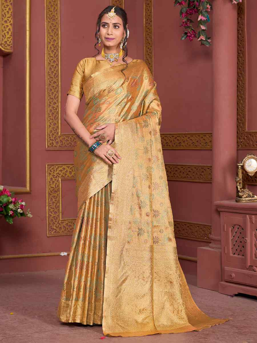 Gold Tissue Silk Handwoven Festival Wedding Fancy Heavy Border Saree