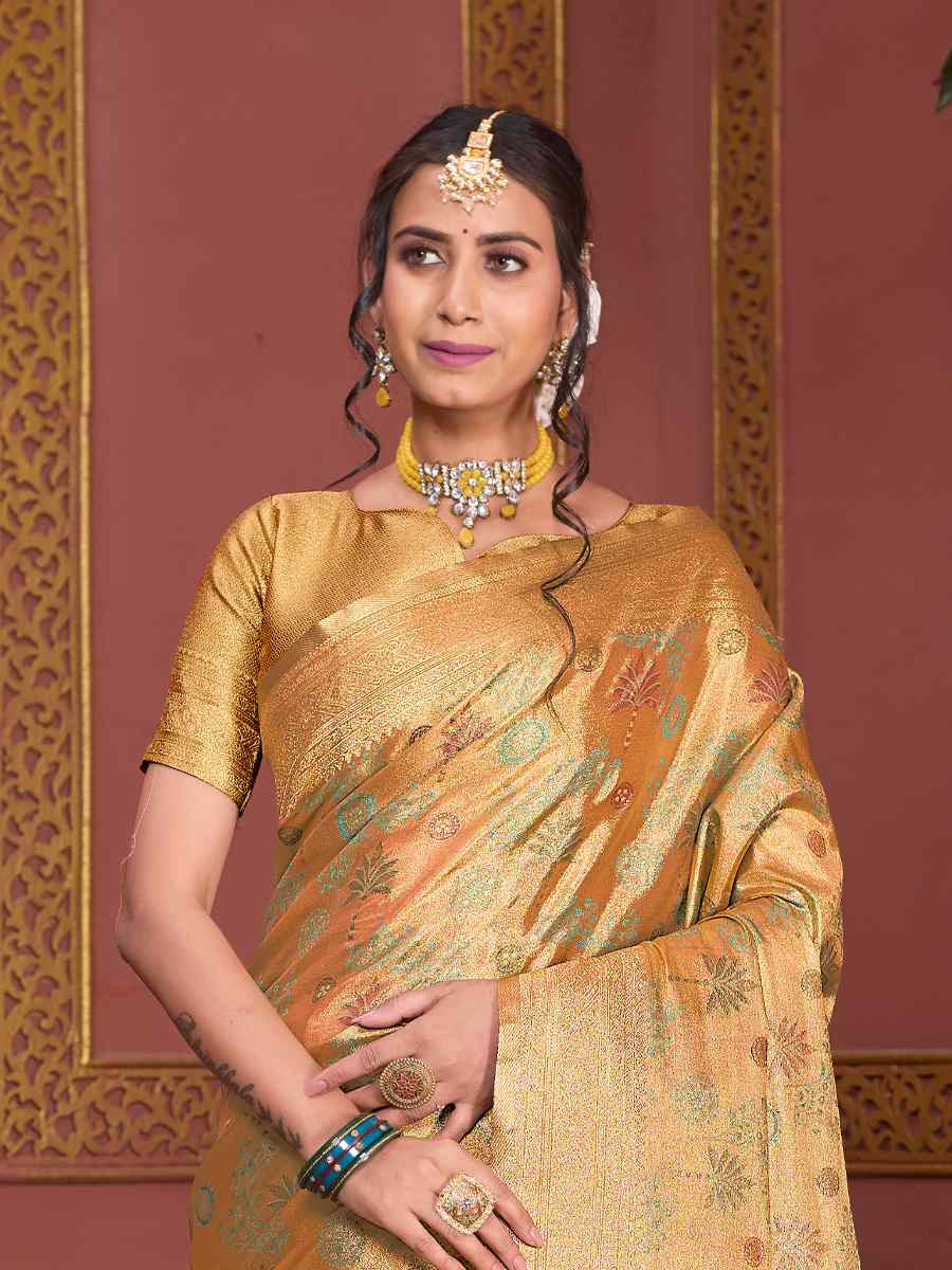 Gold Tissue Silk Handwoven Festival Wedding Fancy Heavy Border Saree