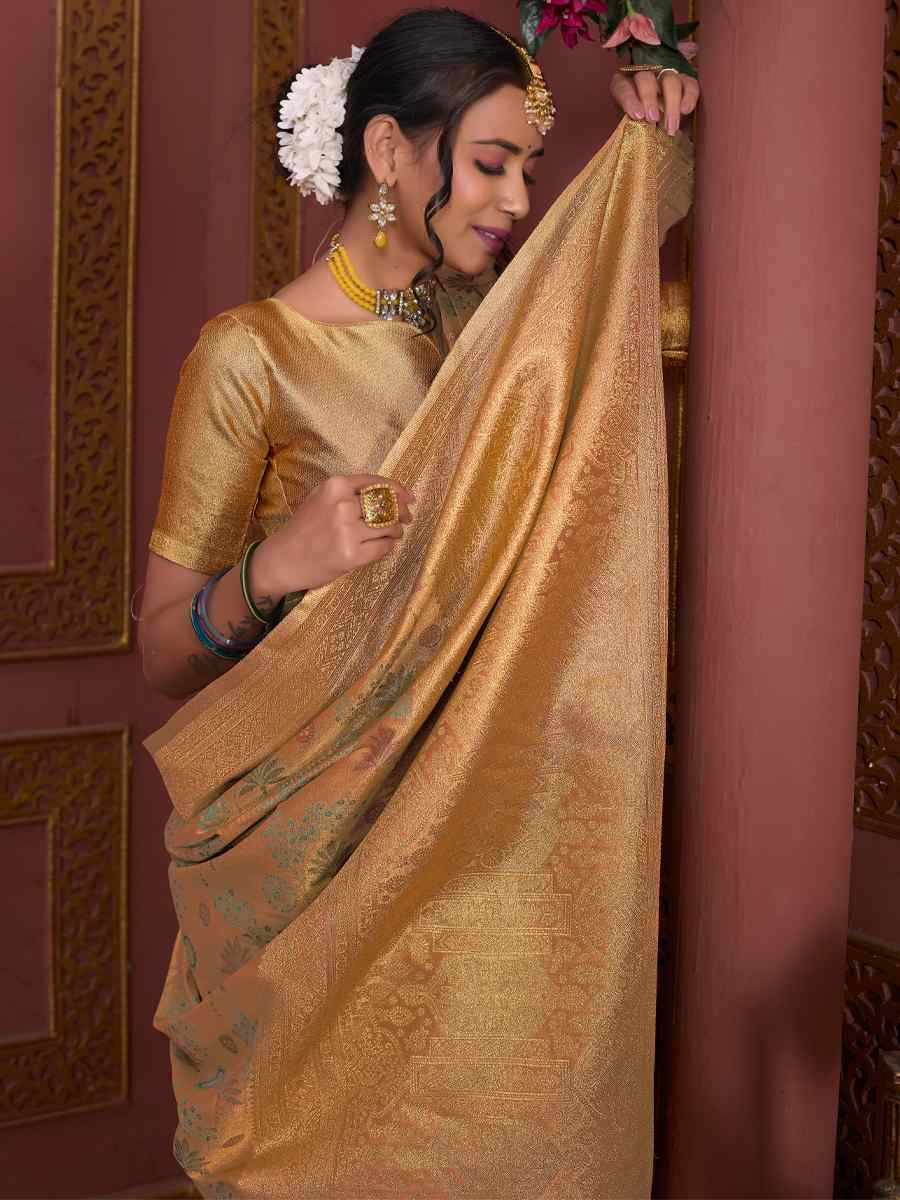 Gold Tissue Silk Handwoven Festival Wedding Fancy Heavy Border Saree