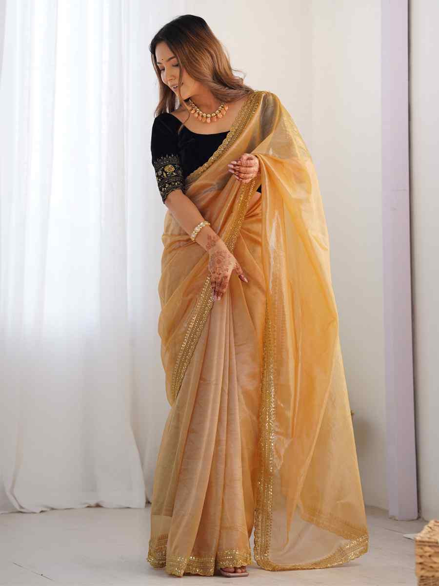 Gold Twill Net Embroidered Festival Wedding Fancy Heavy Border Saree