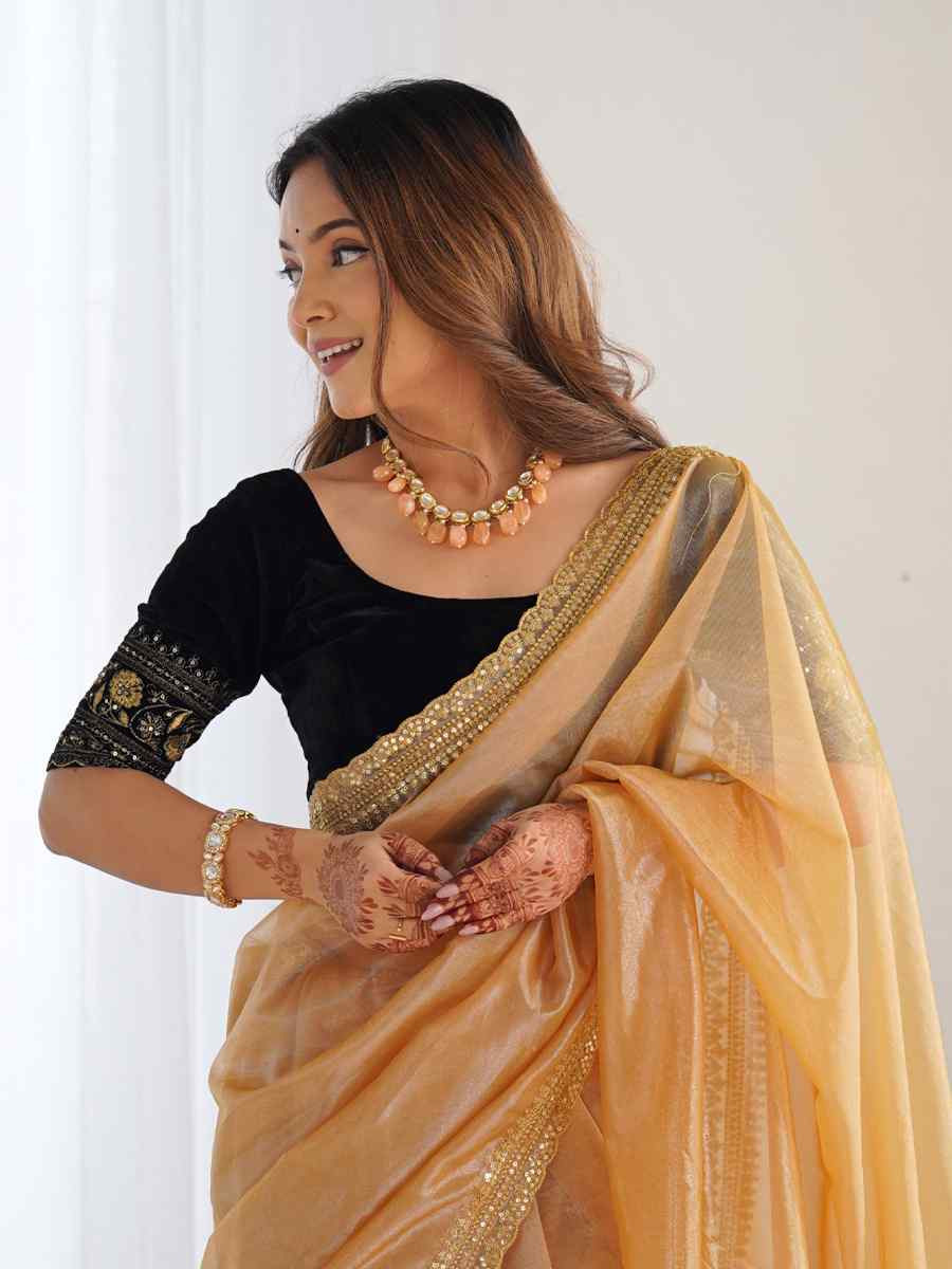 Gold Twill Net Embroidered Festival Wedding Fancy Heavy Border Saree