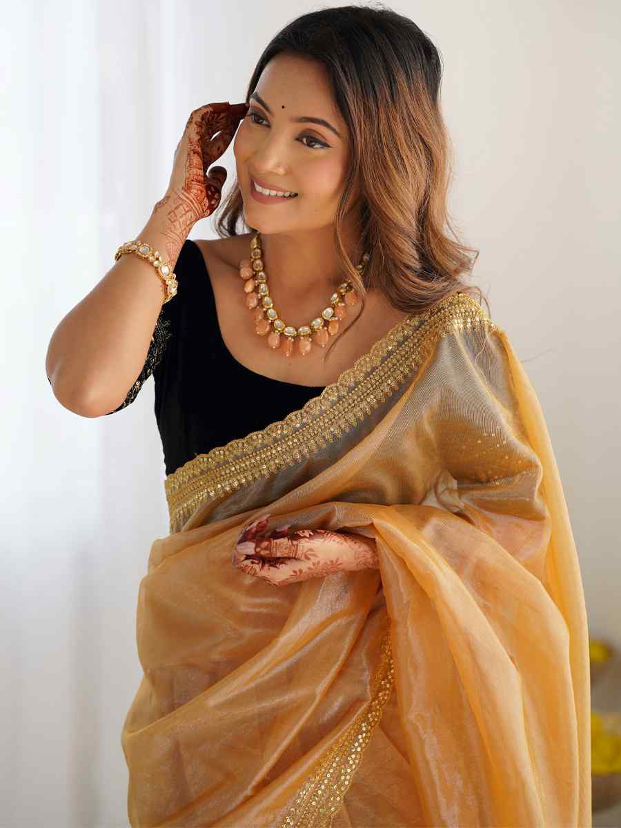 Gold Twill Net Embroidered Festival Wedding Fancy Heavy Border Saree