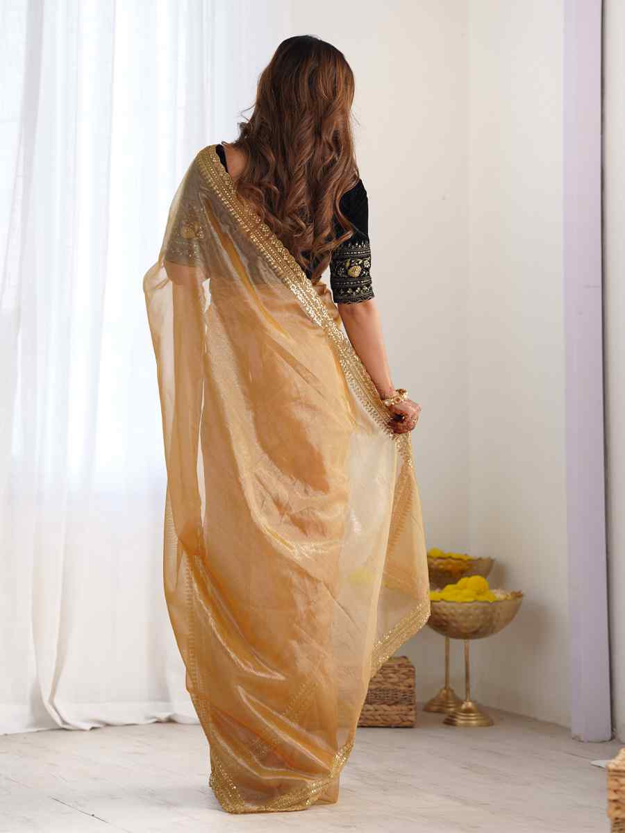 Gold Twill Net Embroidered Festival Wedding Fancy Heavy Border Saree