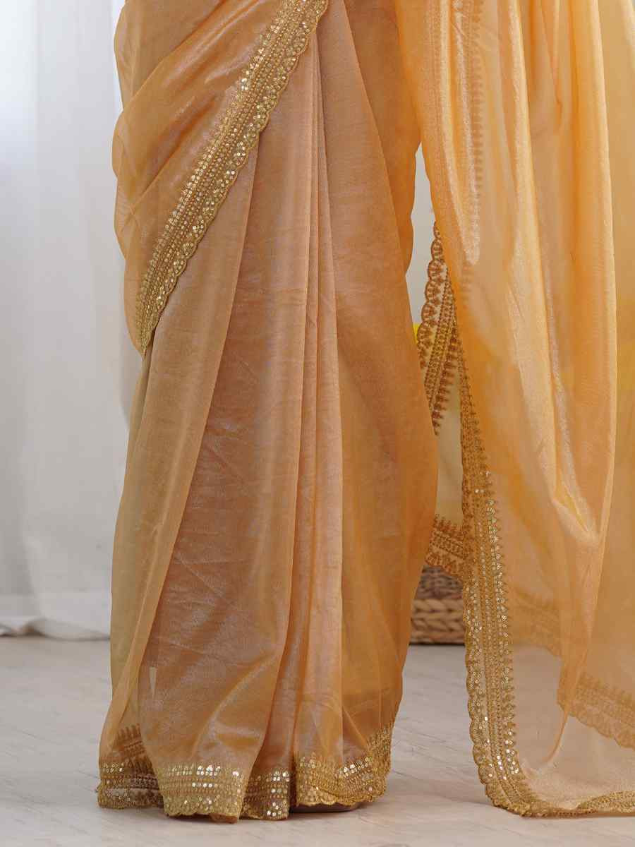 Gold Twill Net Embroidered Festival Wedding Fancy Heavy Border Saree
