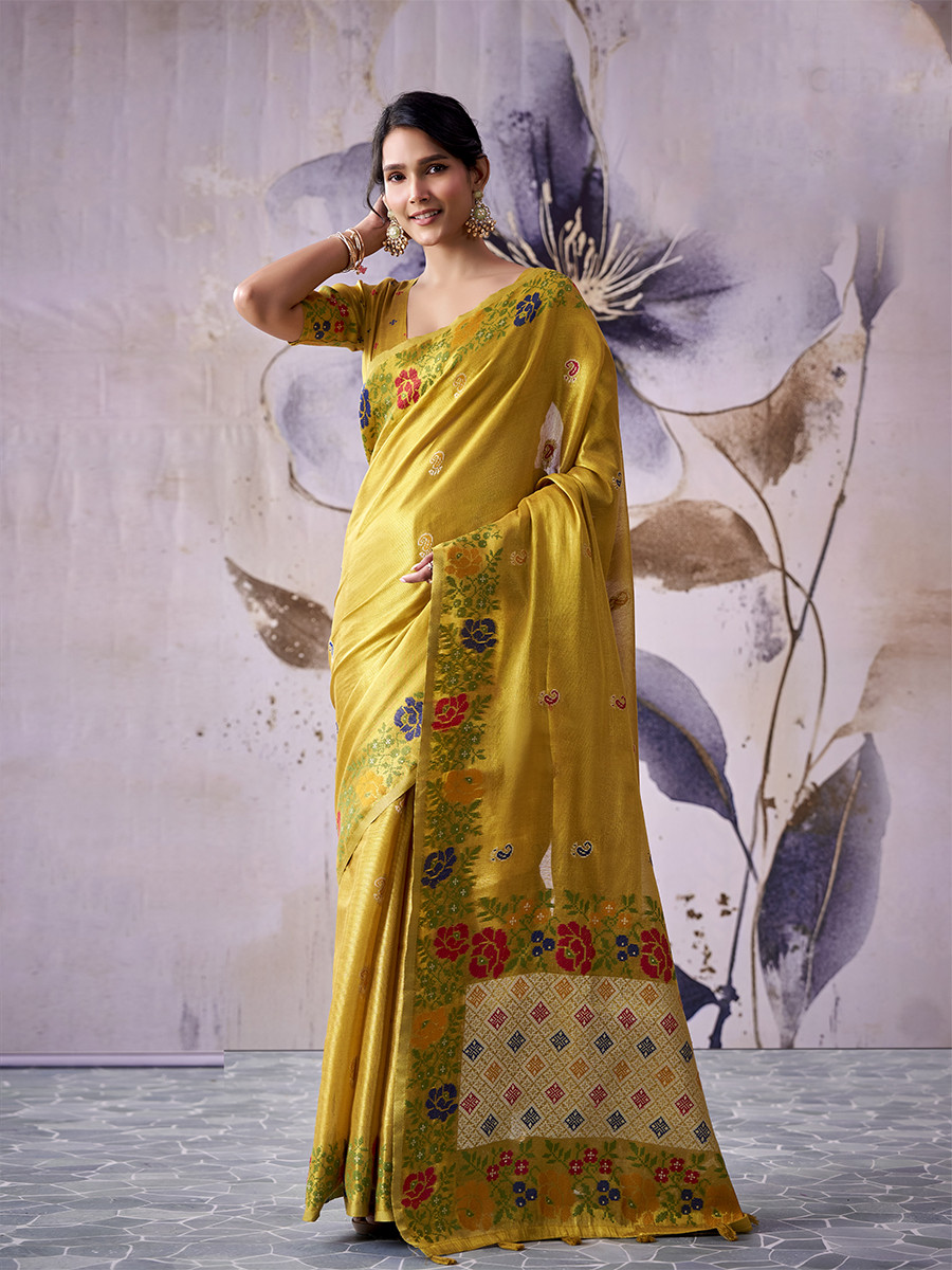 Gold Yellow Tissue Silk Handwoven Wedding Reception Party Festival Casual Heavy Border Sarees