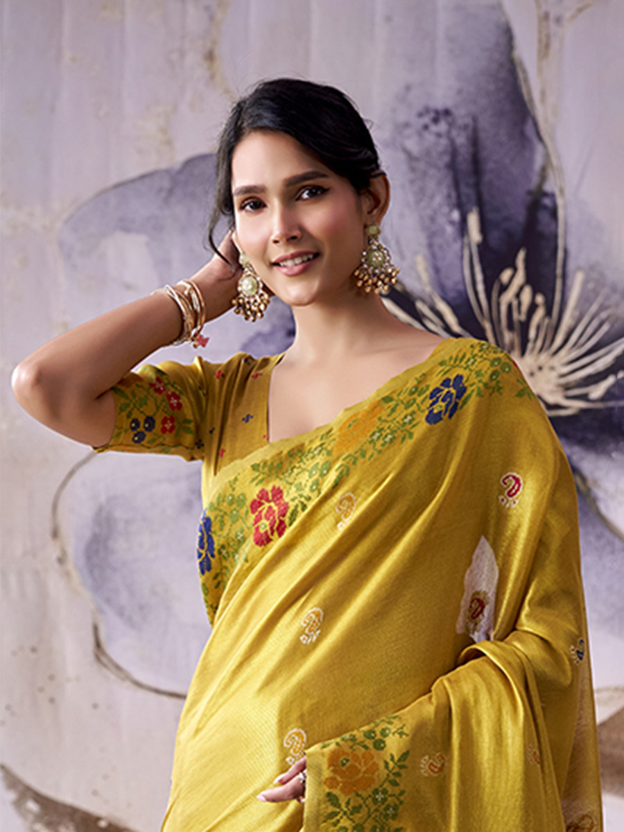 Gold Yellow  Tissue Silk Handwoven Wedding Reception Party Festival Casual Heavy Border Sarees