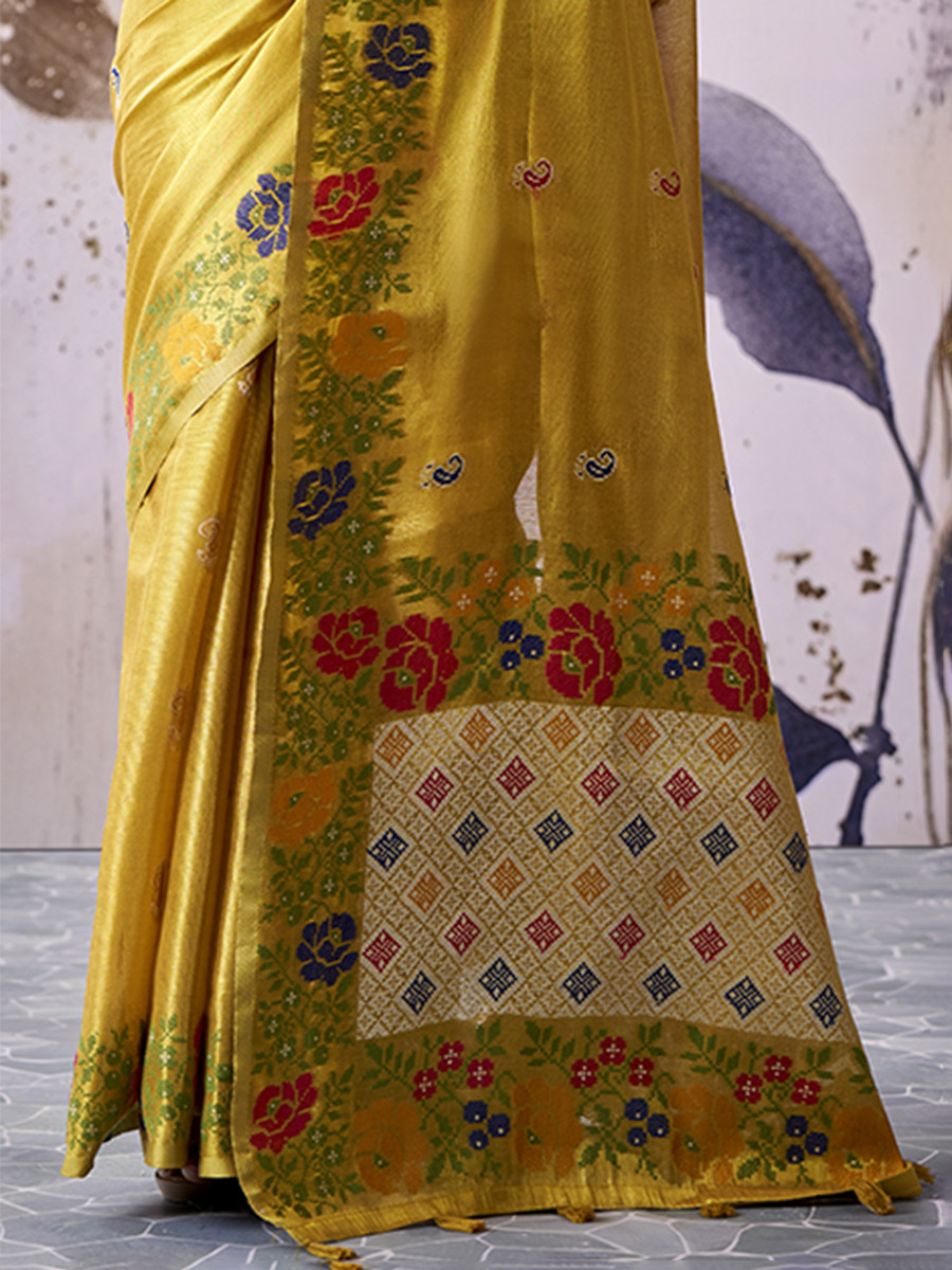 Gold Yellow  Tissue Silk Handwoven Wedding Reception Party Festival Casual Heavy Border Sarees