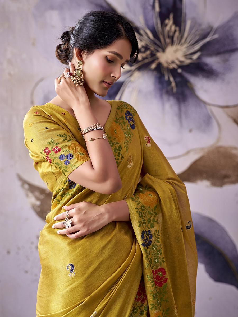 Gold Yellow  Tissue Silk Handwoven Wedding Reception Party Festival Casual Heavy Border Sarees