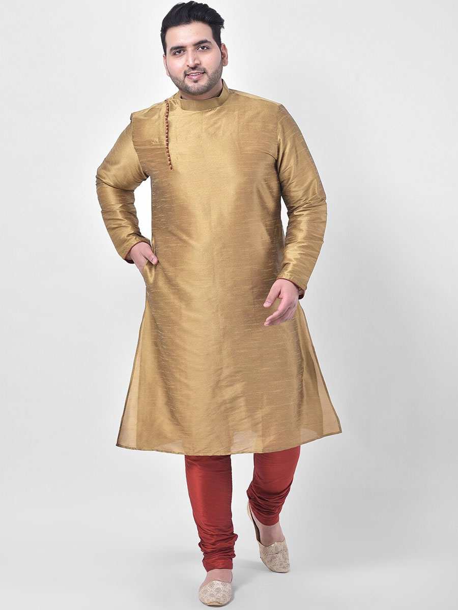 Gold Yellow Dupion Silk Festival Plain Kurta