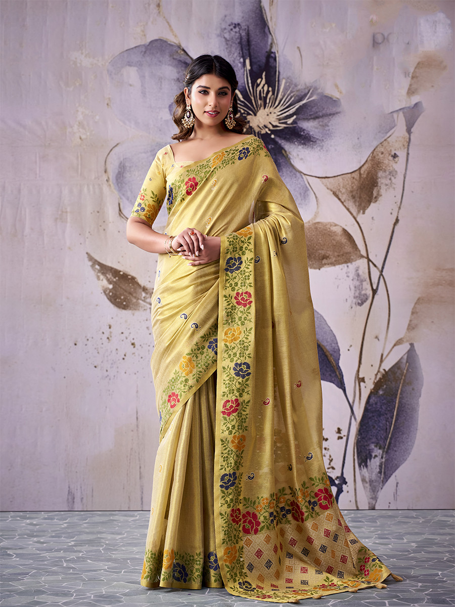 Golden Beige Tissue Silk Handwoven Wedding Reception Party Festival Casual Heavy Border Sarees