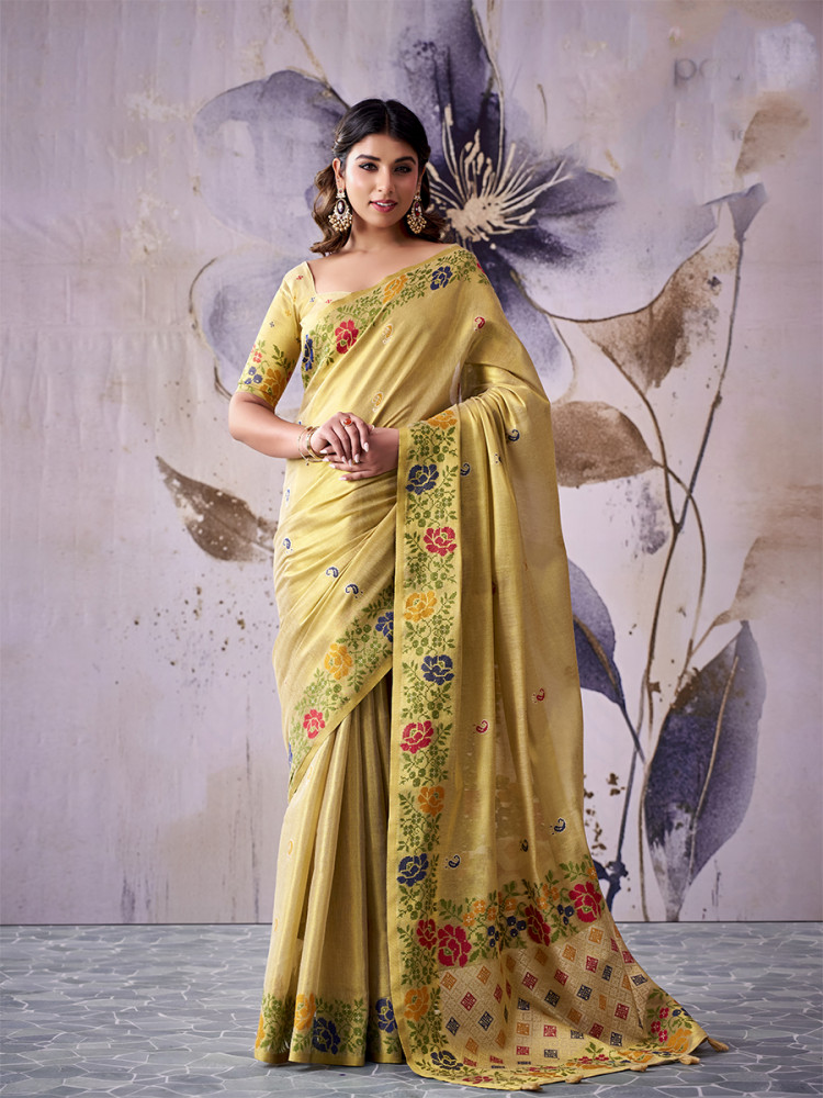 Image of Golden Beige Tissue Silk Handwoven Wedding Reception Party Festival Casual Heavy Border Sarees
