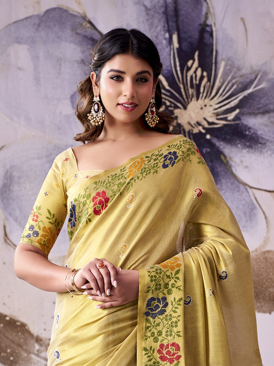 Golden Beige Tissue Silk Handwoven Wedding Reception Party Festival Casual Heavy Border Sarees