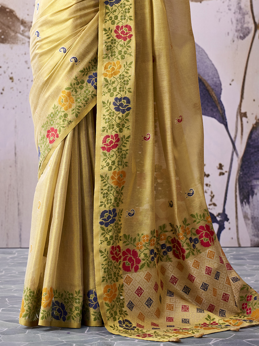 Golden Beige Tissue Silk Handwoven Wedding Reception Party Festival Casual Heavy Border Sarees