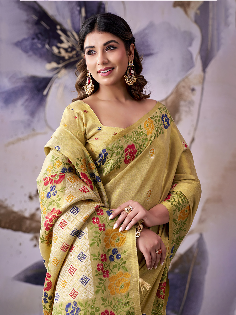 Golden Beige Tissue Silk Handwoven Wedding Reception Party Festival Casual Heavy Border Sarees