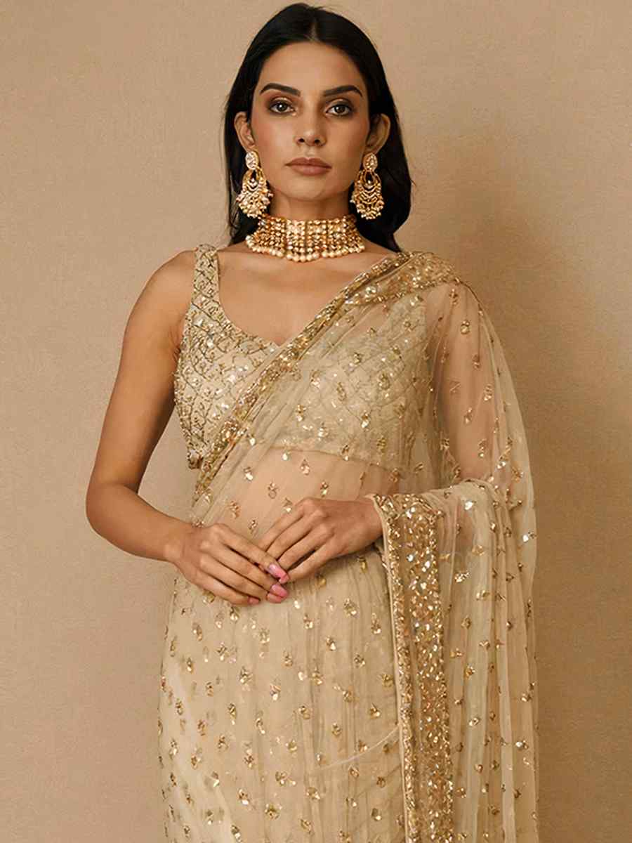 Golden Butterfly Soft Net Embroidered Wedding Party Heavy Border Saree