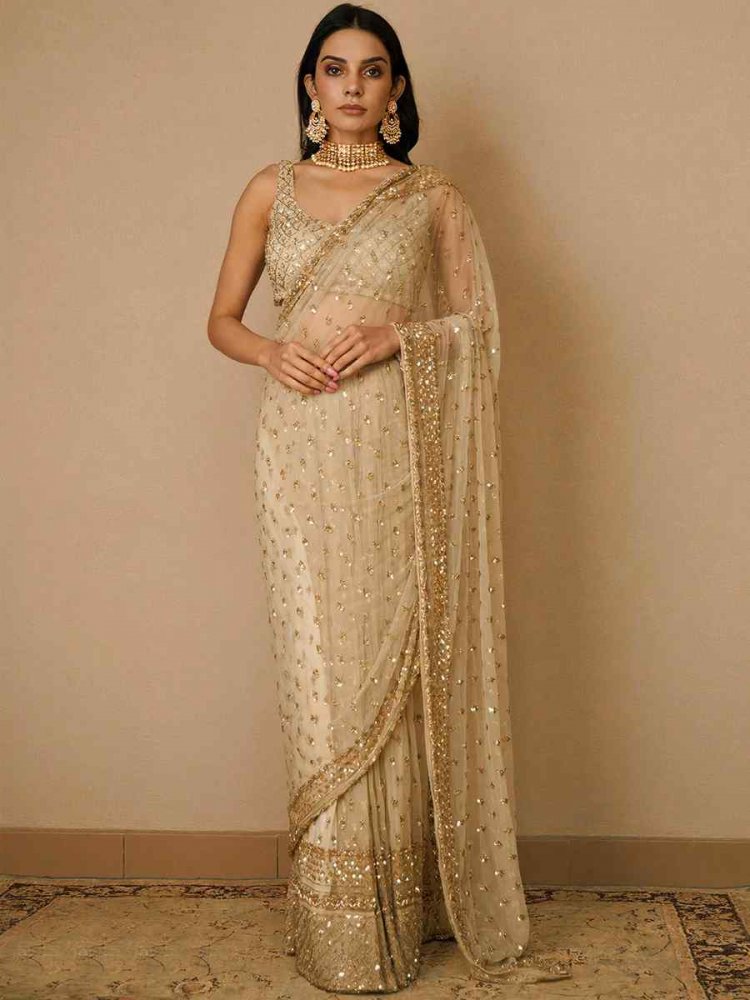 Golden Butterfly Soft Net Embroidered Wedding Party Heavy Border Saree