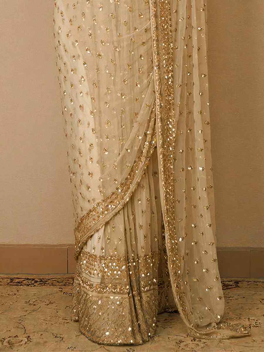 Golden Butterfly Soft Net Embroidered Wedding Party Heavy Border Saree