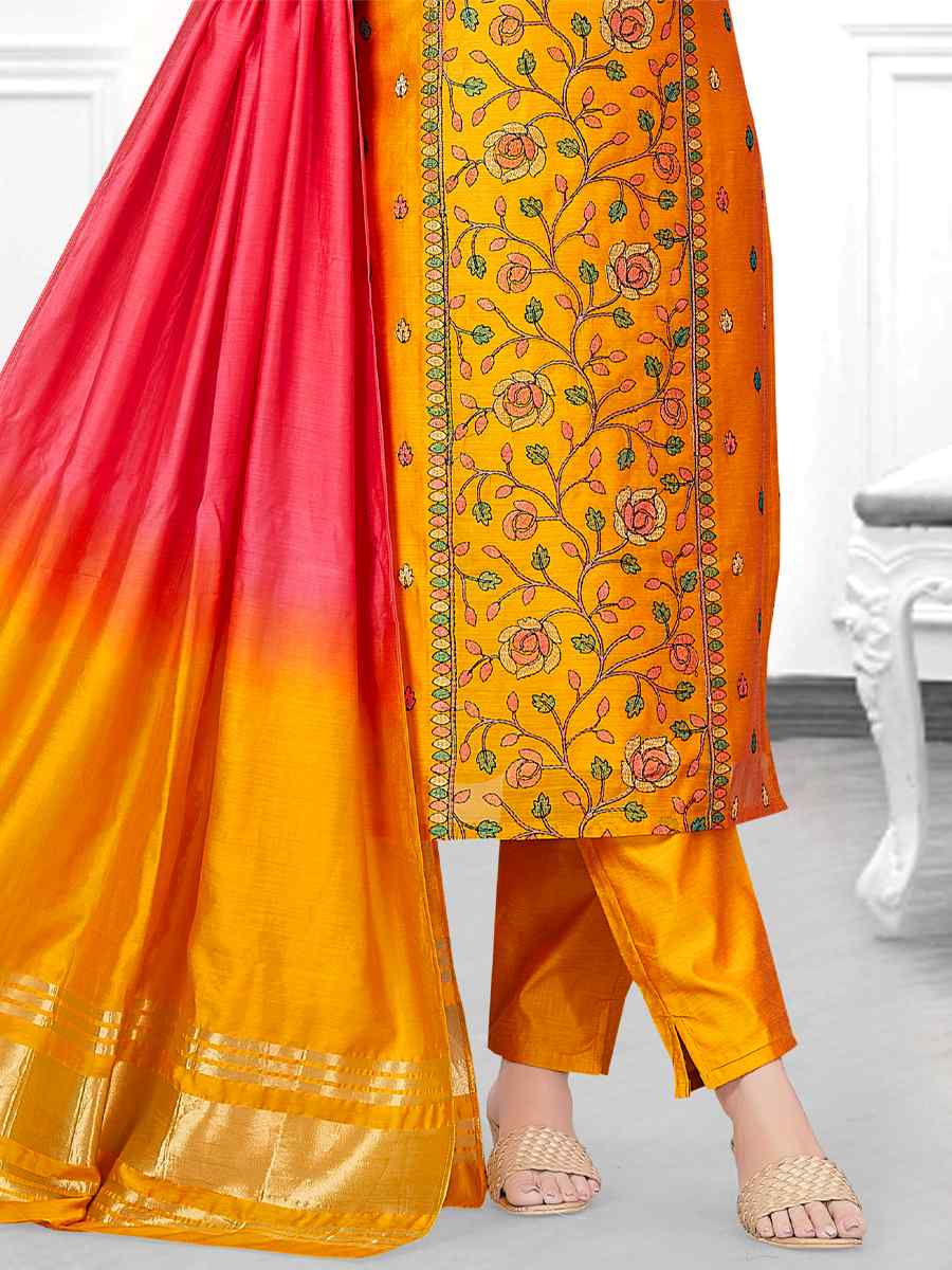 Golden Chanderi Silk Embroidered Festival Wedding Pant Salwar Kameez