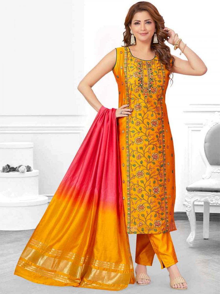 Golden Chanderi Silk Embroidered Festival Wedding Pant Salwar Kameez