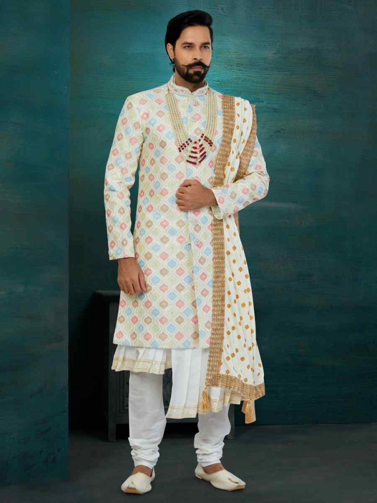 Golden Chikankari Lucknawi Embroidered Wedding Groom Sherwani