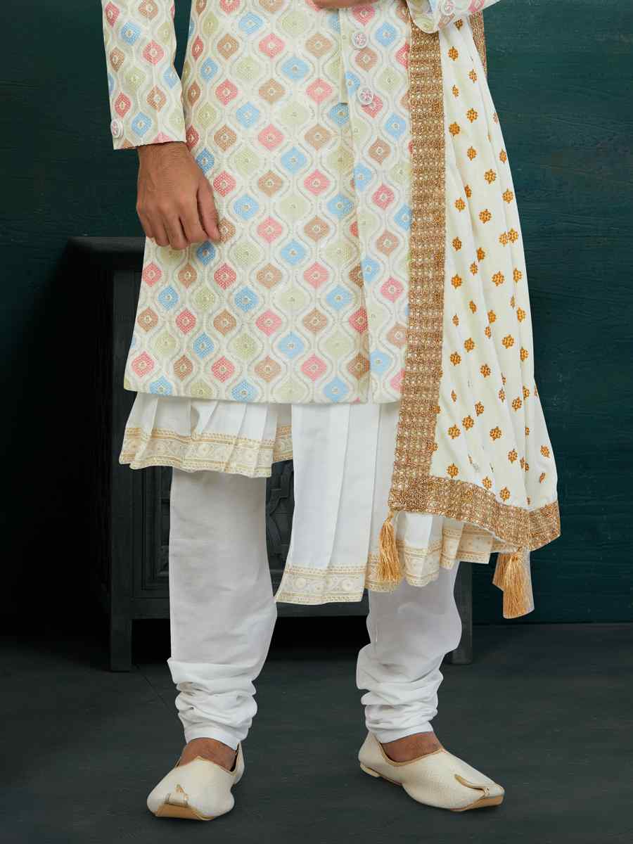 Golden Chikankari Lucknawi Embroidered Wedding Groom Sherwani