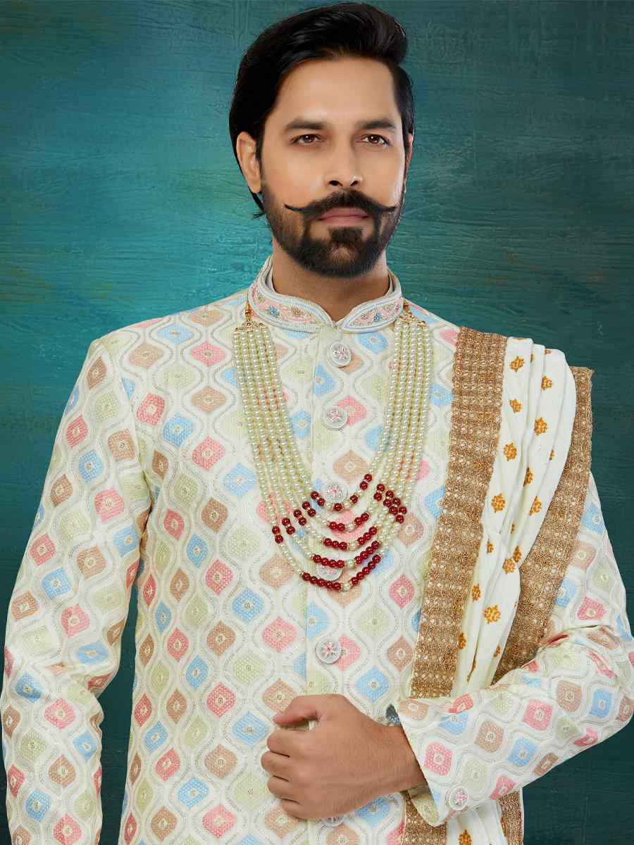 Golden Chikankari Lucknawi Embroidered Wedding Groom Sherwani