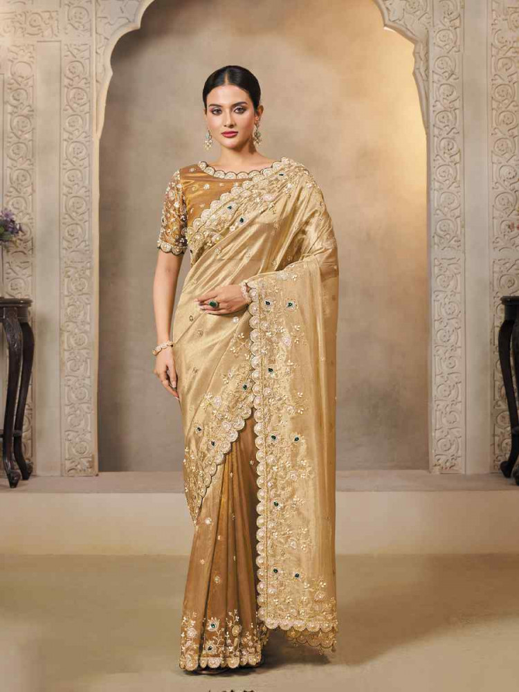 Image of Golden Cora Zari Tissue Silk Embroidery Traditional Bridal Reception Festival Wedding Fancy Heavy Border Saree