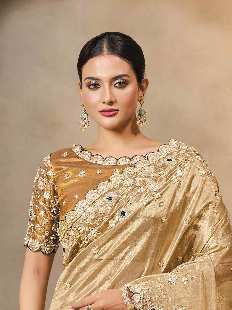 Golden Cora Zari Tissue Silk Embroidery Traditional Bridal Reception Festival Wedding Fancy Heavy Border Saree