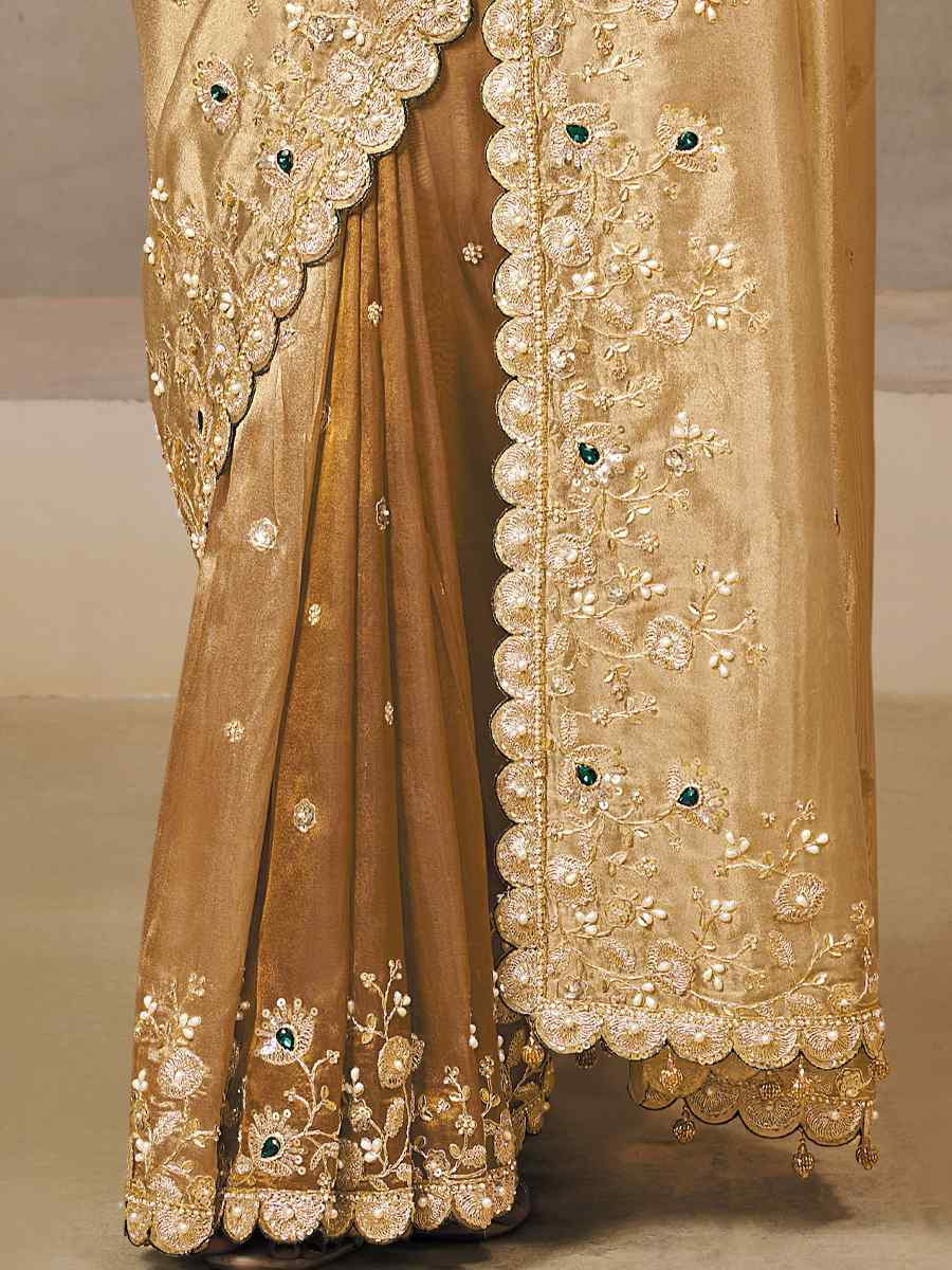 Golden Cora Zari Tissue Silk Embroidery Traditional Bridal Reception Festival Wedding Fancy Heavy Border Saree
