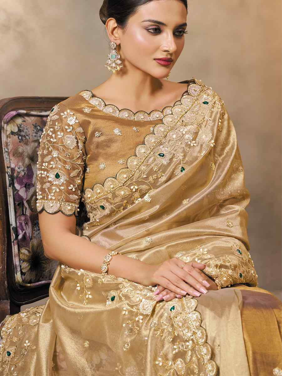 Golden Cora Zari Tissue Silk Embroidery Traditional Bridal Reception Festival Wedding Fancy Heavy Border Saree