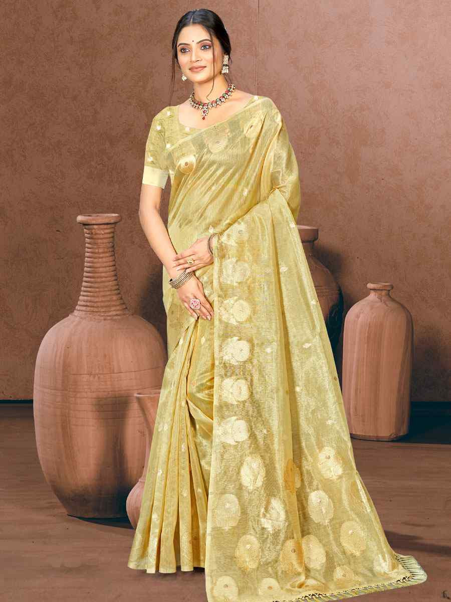 Golden Cotton Silk Handwoven Casual Festival Party Classic Style Sarees