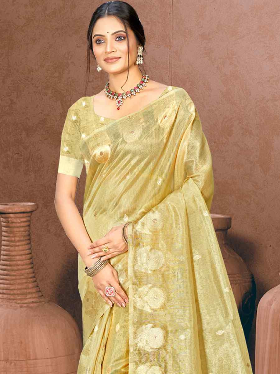 Golden Cotton Silk Handwoven Casual Festival Party Classic Style Sarees