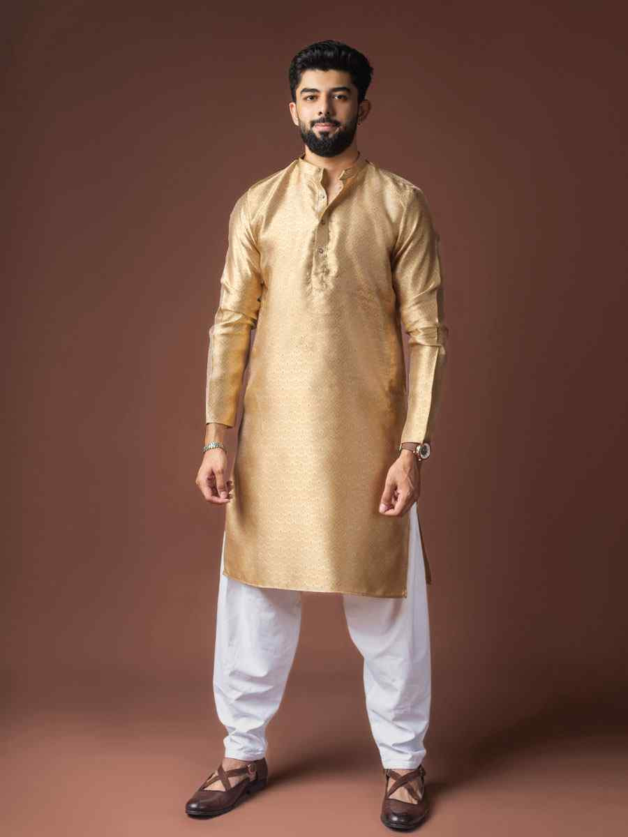Golden Jacquard Silk Embroidery Festival Wedding Party Mens Kurta